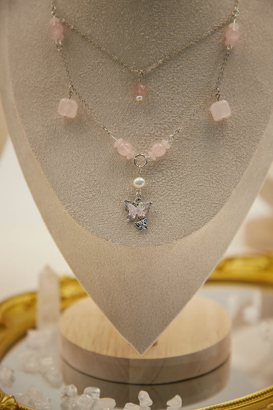 N009-Pink quartz double-layer magnetic necklace