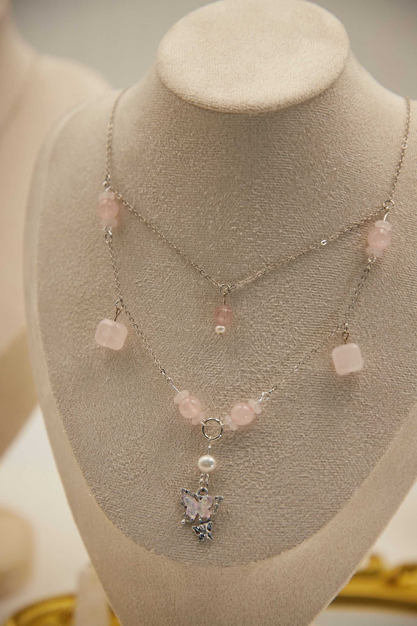 N009-Pink quartz double-layer magnetic necklace