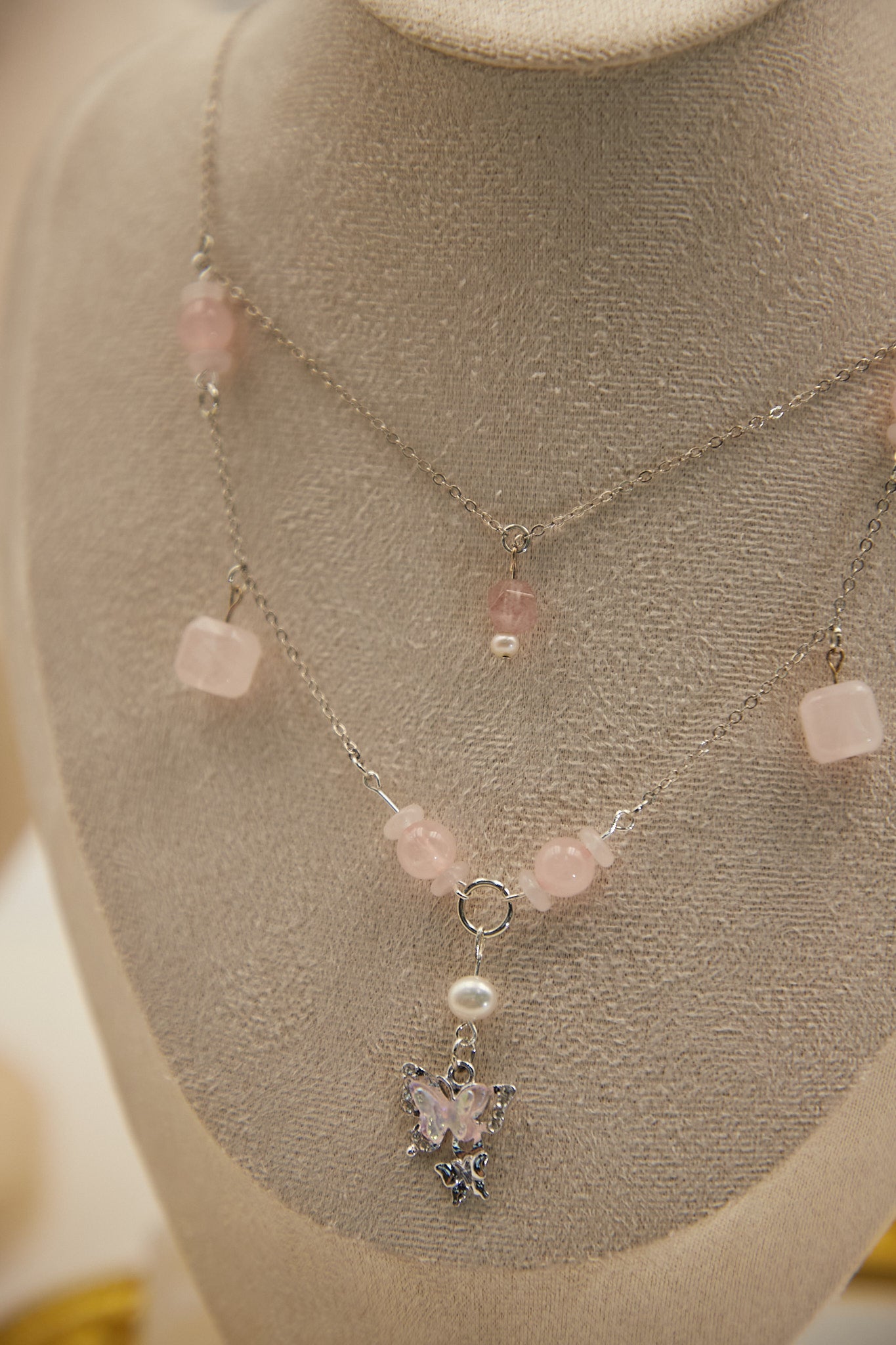 N009-Pink quartz double-layer magnetic necklace