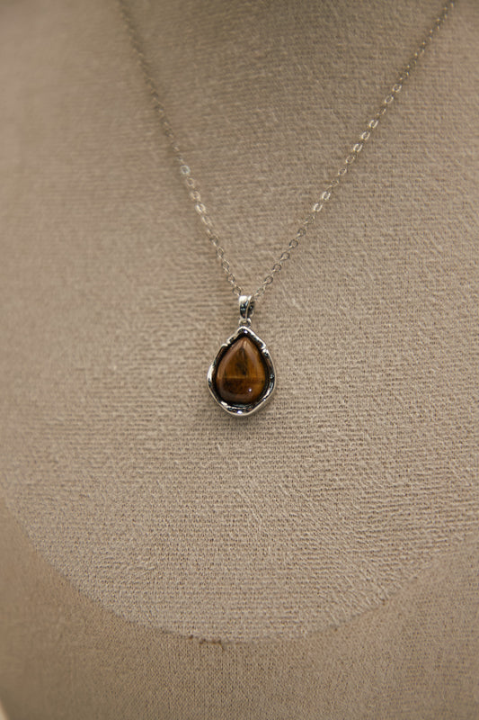N012-Tiger Eye Stone Pendant with Magnetic Necklace (Silver)