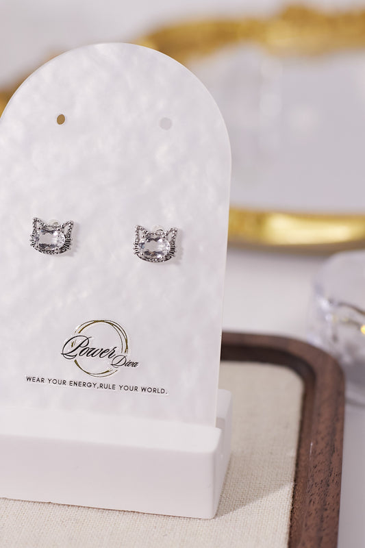 E033-White crystal cat earrings