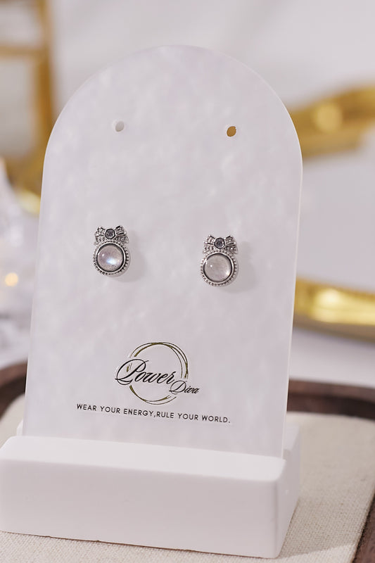 E068-Gray Moonlight Bow Round Earrings