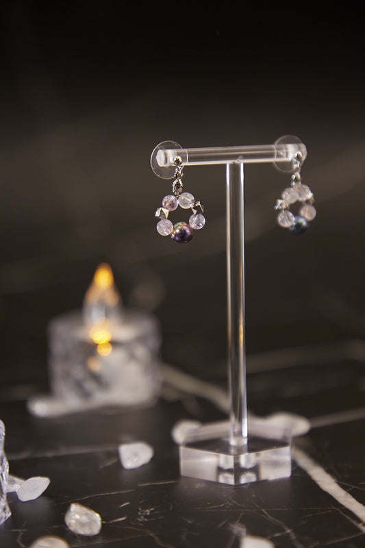 E005-Purple Super Seven. Black-dyed Baroque Pearl Small Hoop Earrings