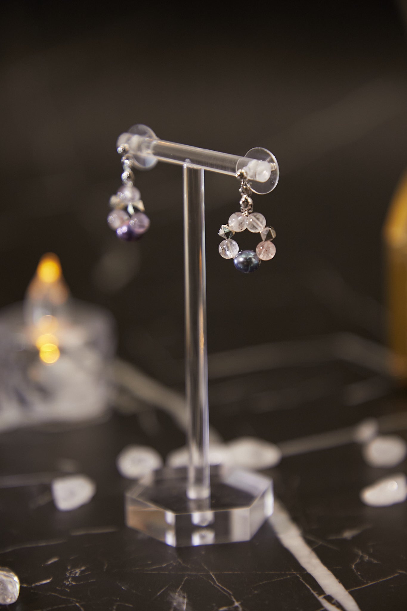 E005-Purple Super Seven. Black-dyed Baroque Pearl Small Hoop Earrings