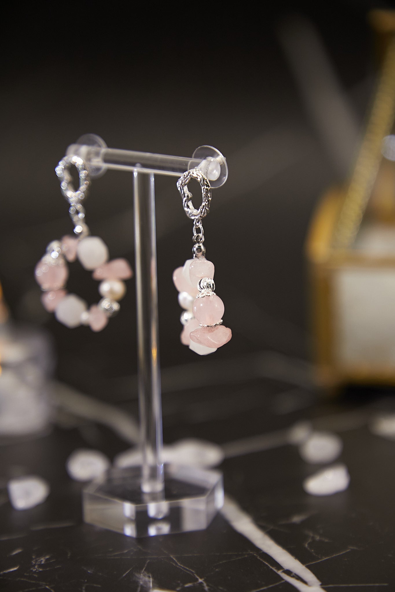 E007-Pink Quartz.Freshwater Pearl Hoop Earrings