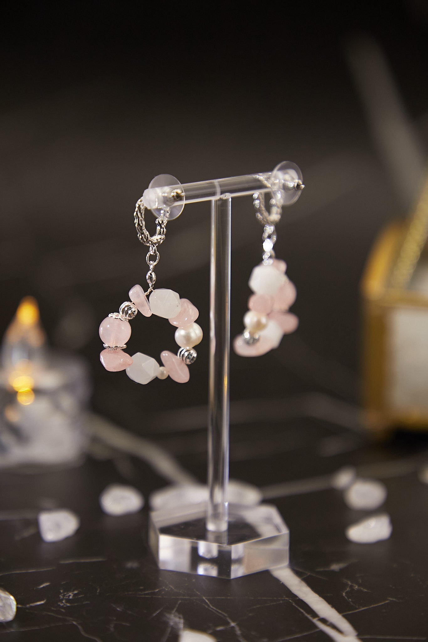 E007-Pink Quartz.Freshwater Pearl Hoop Earrings