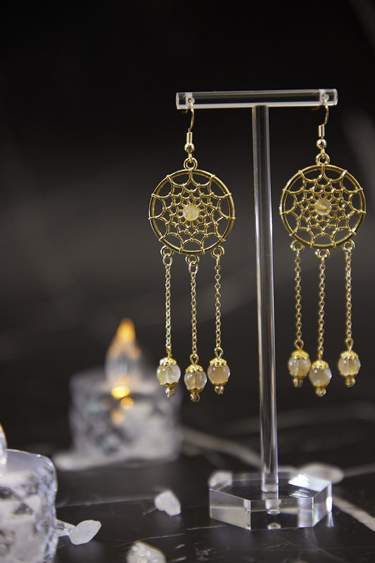 E009-Golden Rutilated Quartz Chain Bohemian Earrings