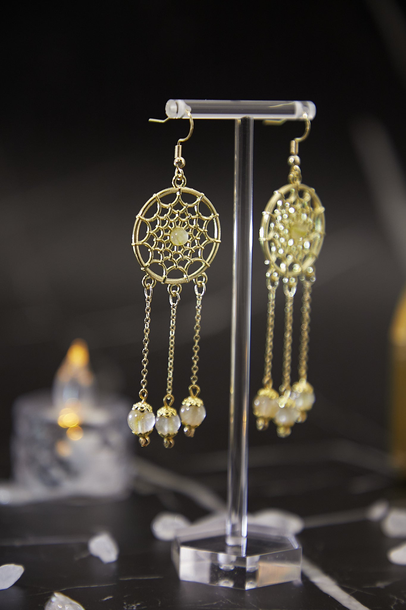 E009-Golden Rutilated Quartz Chain Bohemian Earrings