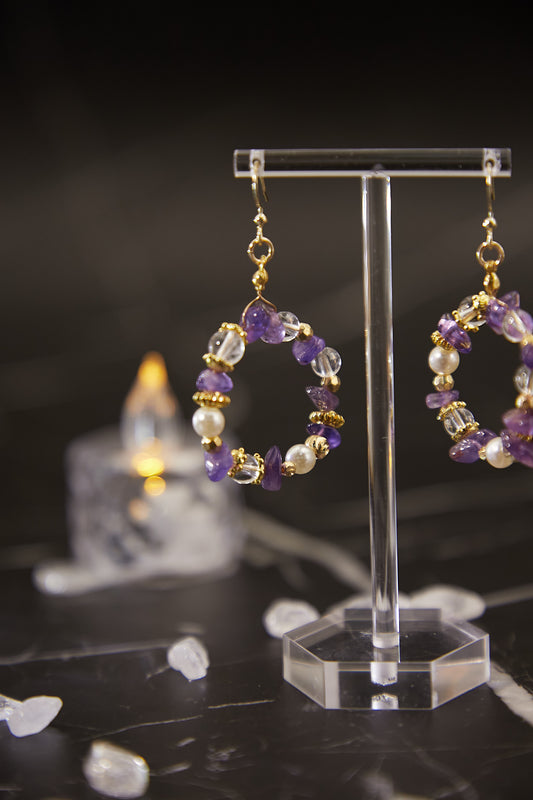 E010-Amethyst. Freshwater Pearl Hoop Earrings