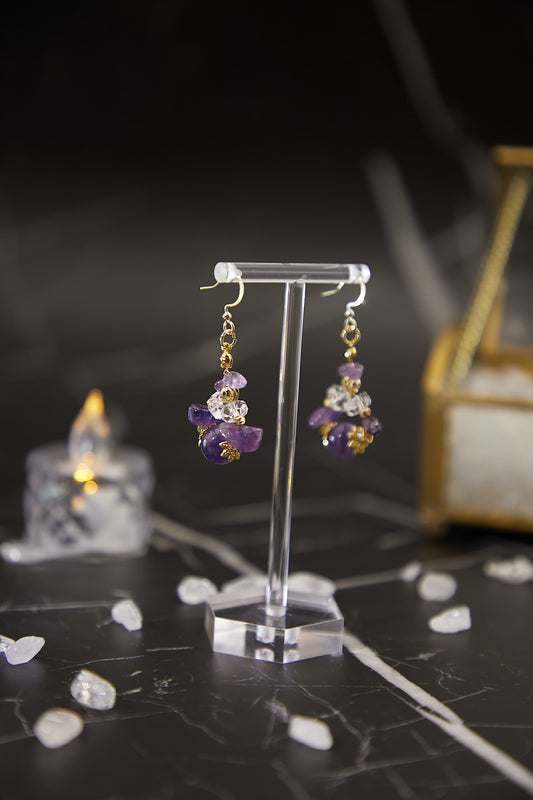 E011-Dreamlike Amethyst.White Crystal Earrings