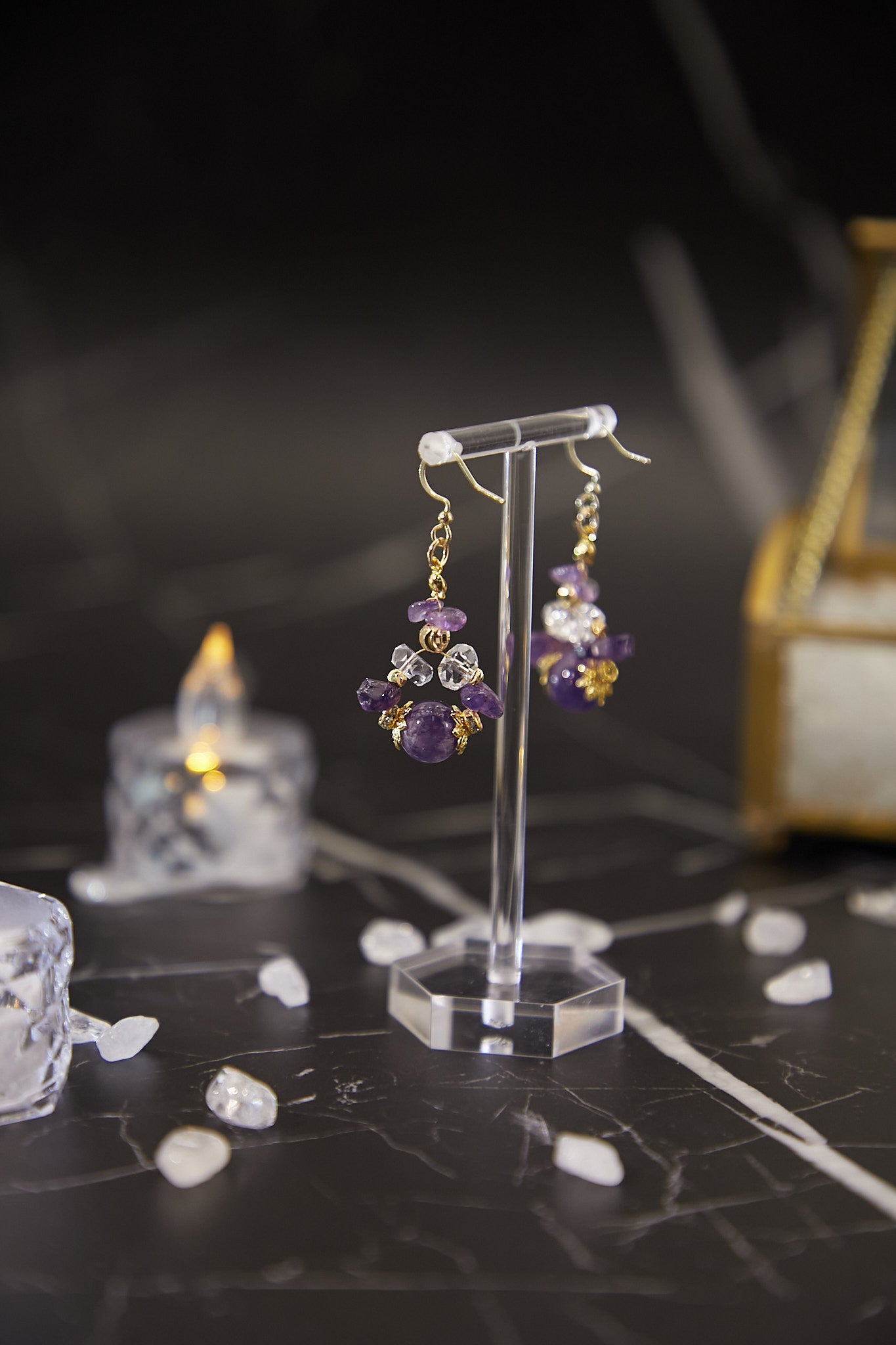 E011-Dreamlike Amethyst.White Crystal Earrings