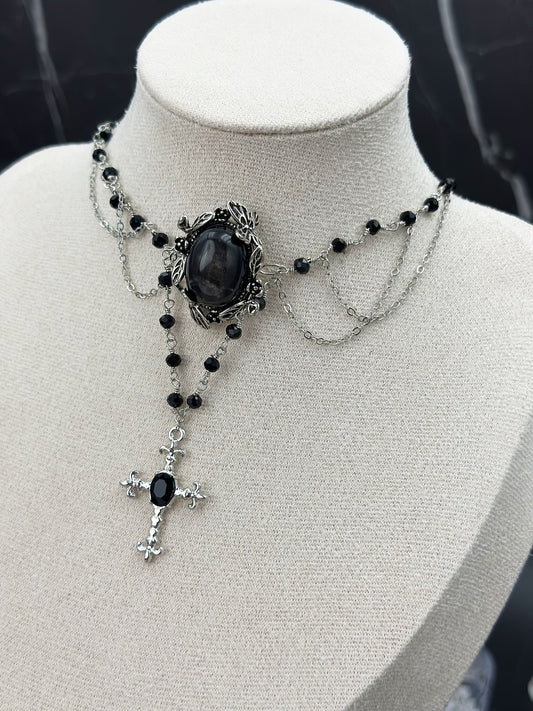 N027-Silver Obsidian Dark Style Cross Magnetic Necklace