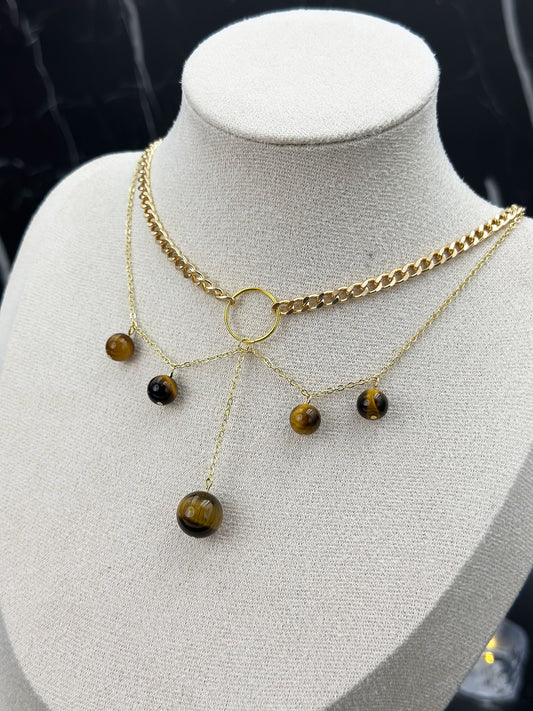 N028-Yellow Tiger Eye Stone Double Chain Magnetic Necklace