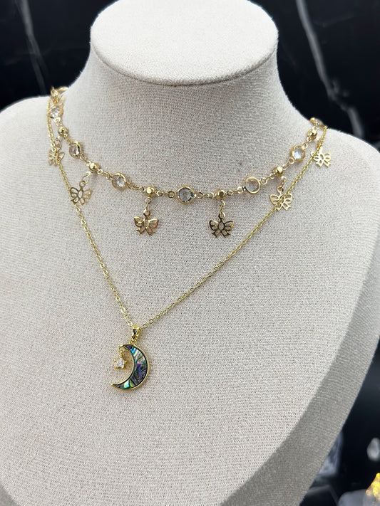 N029-White crystal. Mother-of-pearl double-chain magnetic necklace