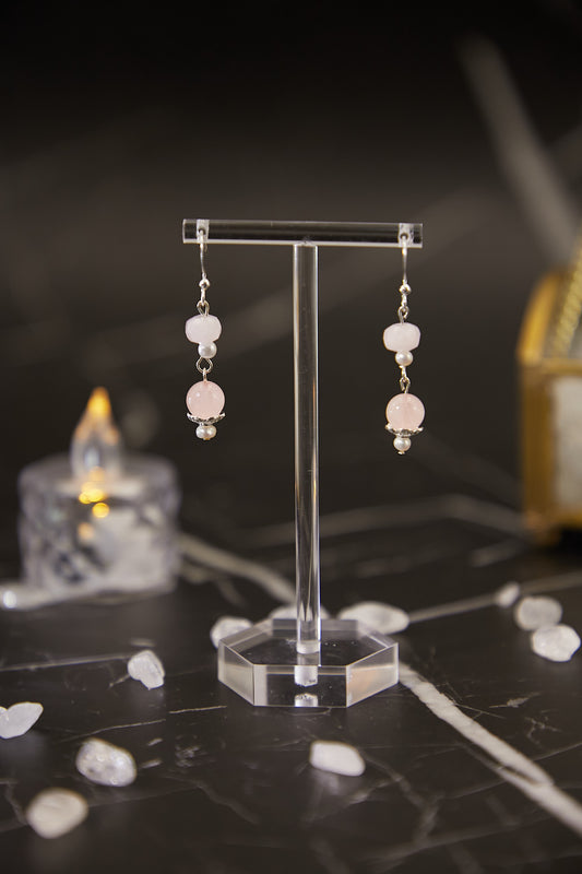 E022-Pink Quartz.Baroque Pearl Earrings