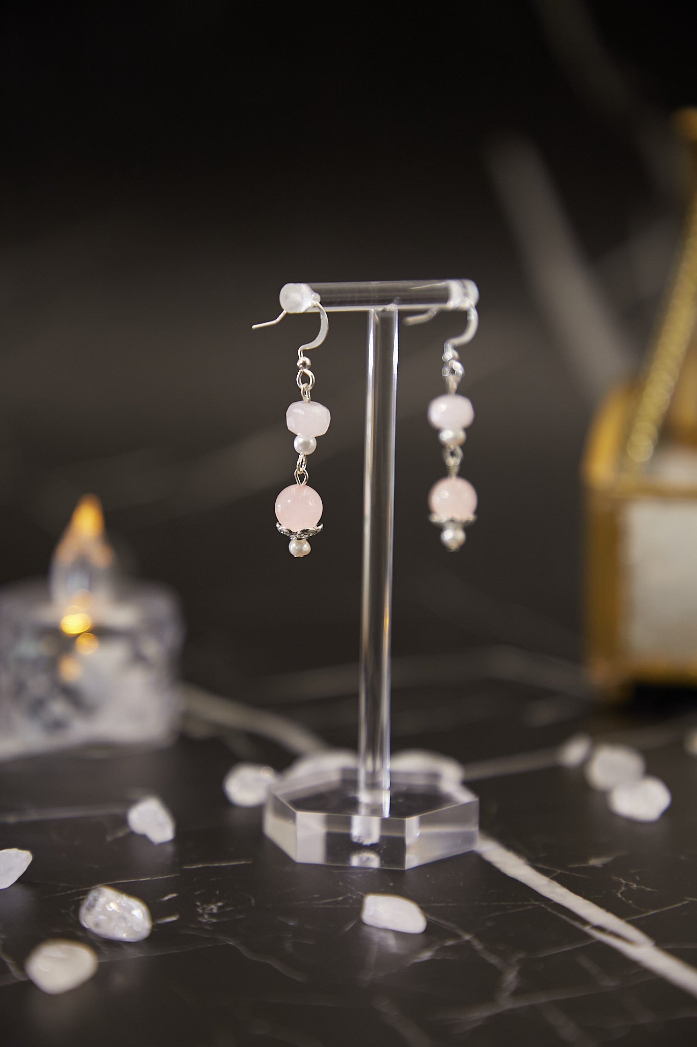 E022-Pink Quartz.Baroque Pearl Earrings