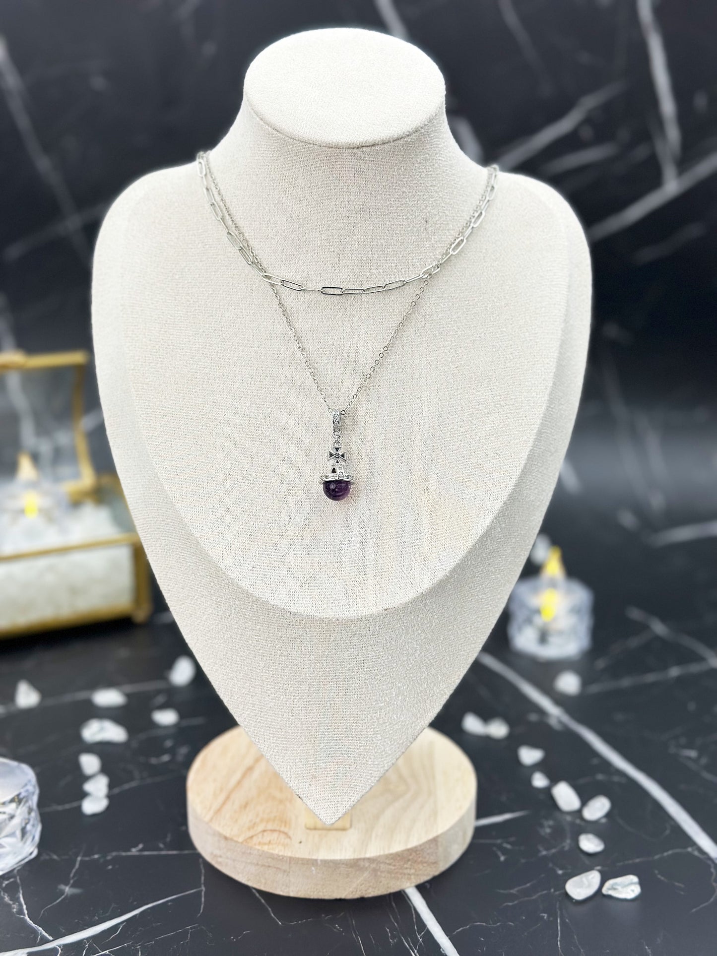 N032-Amethyst Planet Double Chain Magnetic Necklace