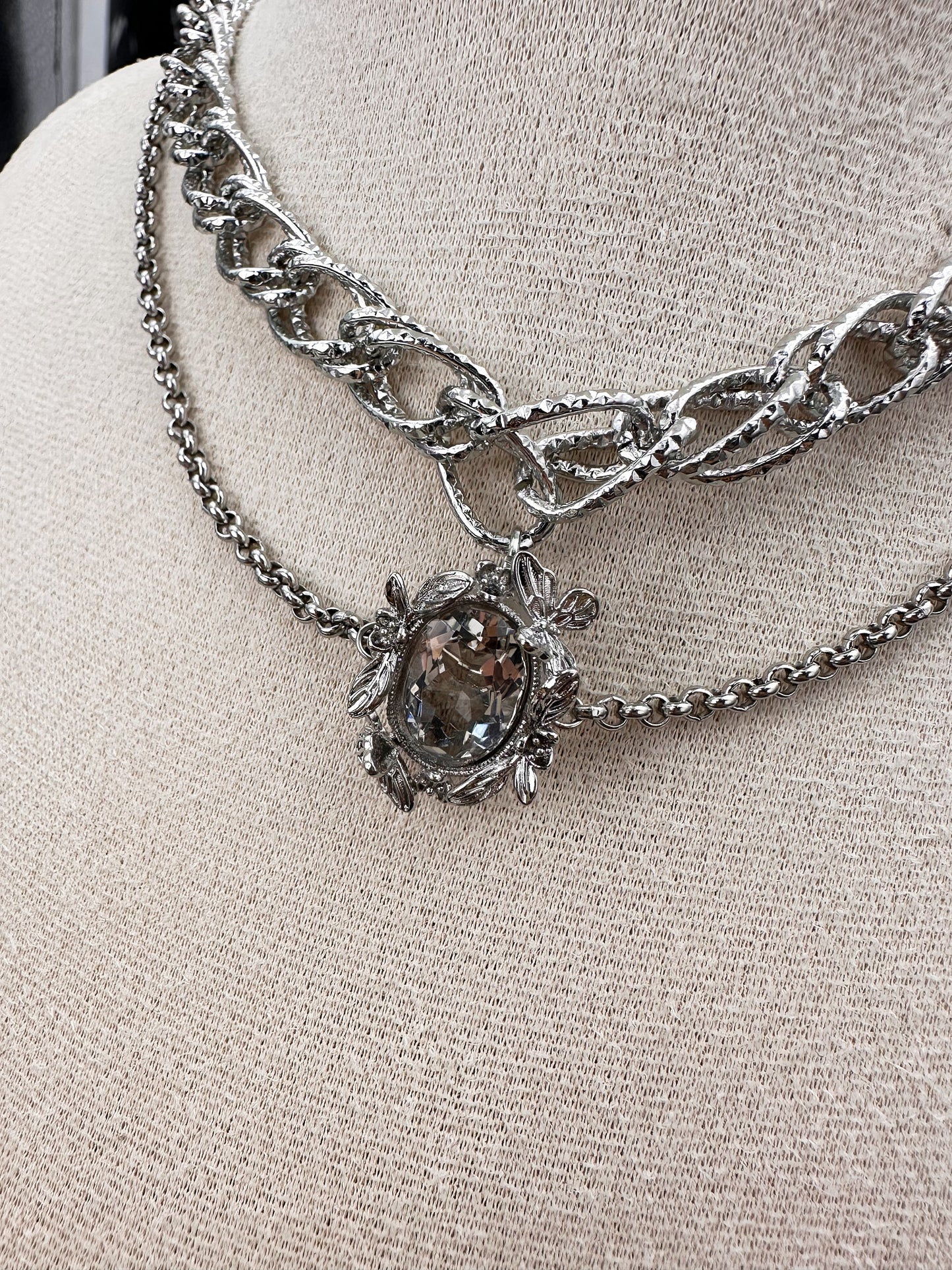 N034-White crystal double chain magnetic necklace