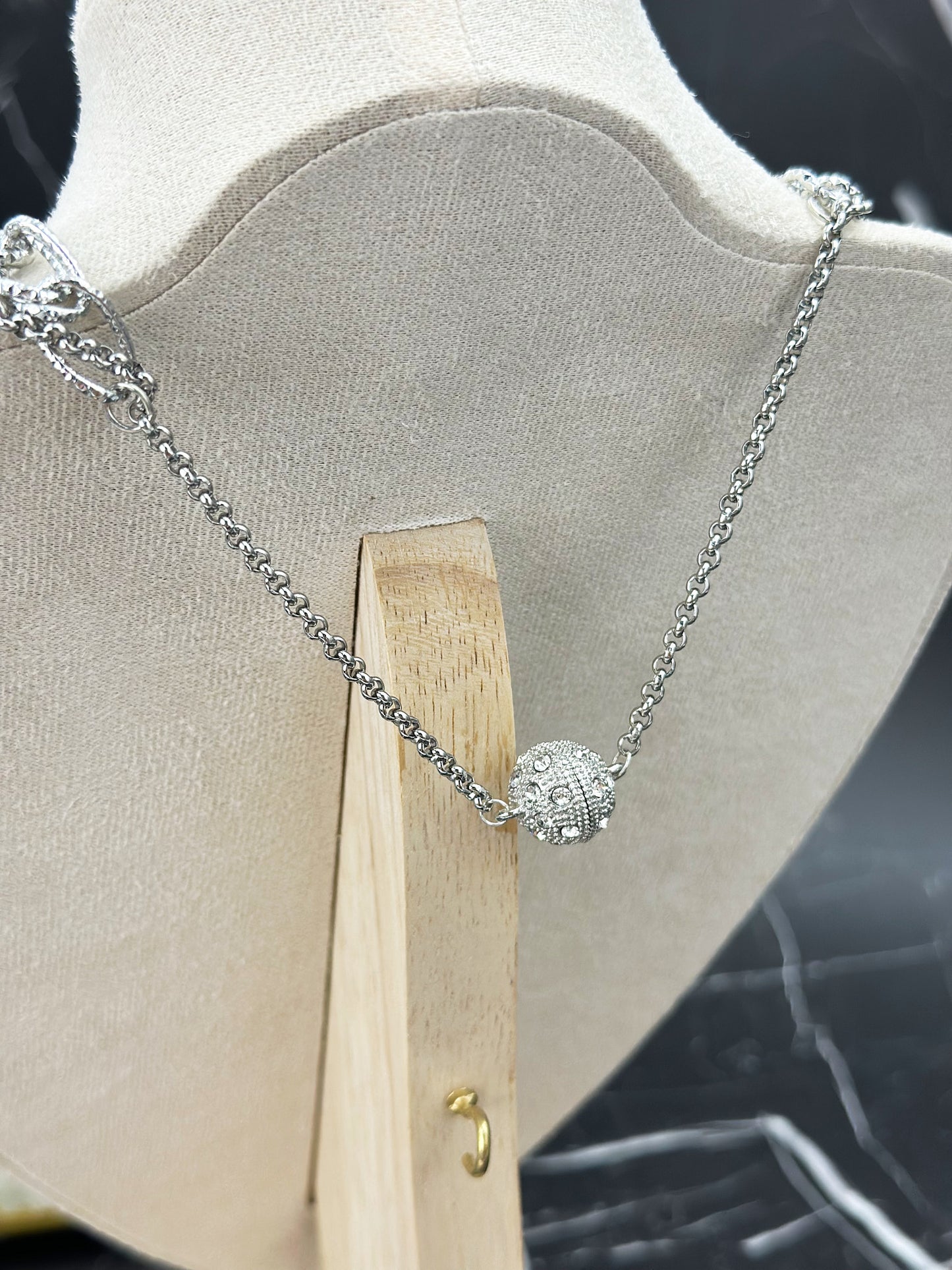 N034-White crystal double chain magnetic necklace