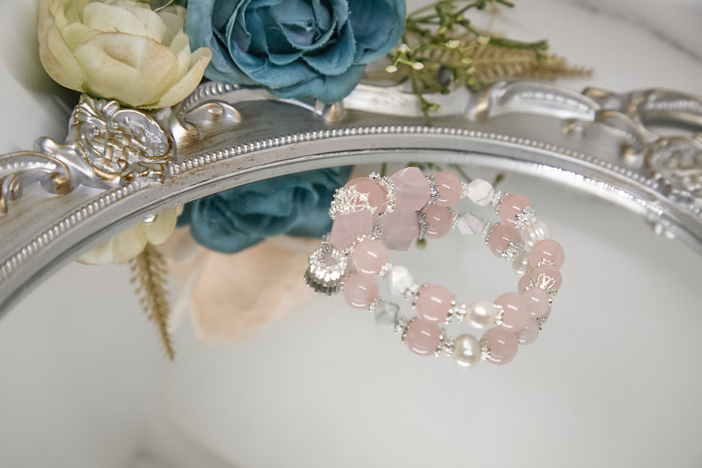 C012-Pink quartz・Freshwater pearl・White turquoise