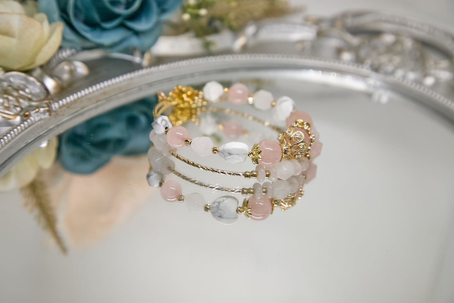 C015-Double Circle-Pink Quartz・White Turquoise