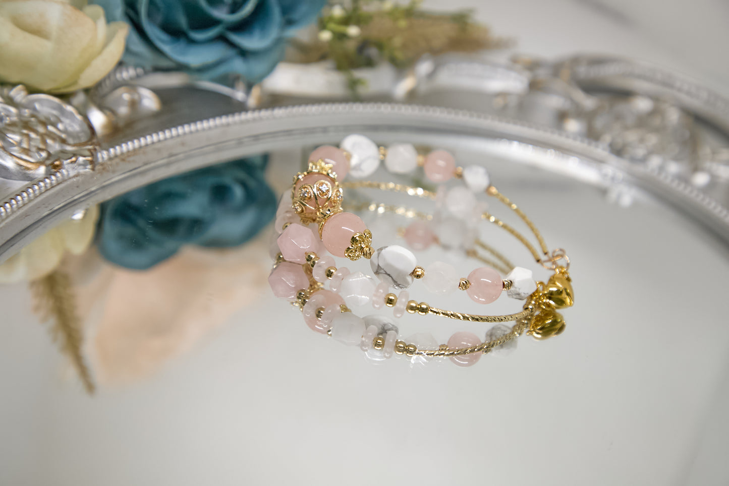 C015-Double Circle-Pink Quartz・White Turquoise