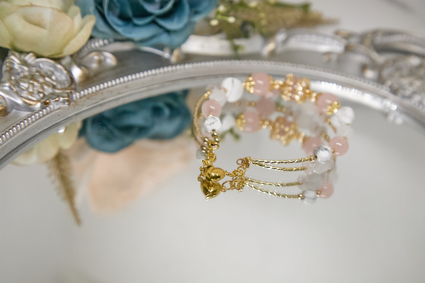 C015-Double Circle-Pink Quartz・White Turquoise