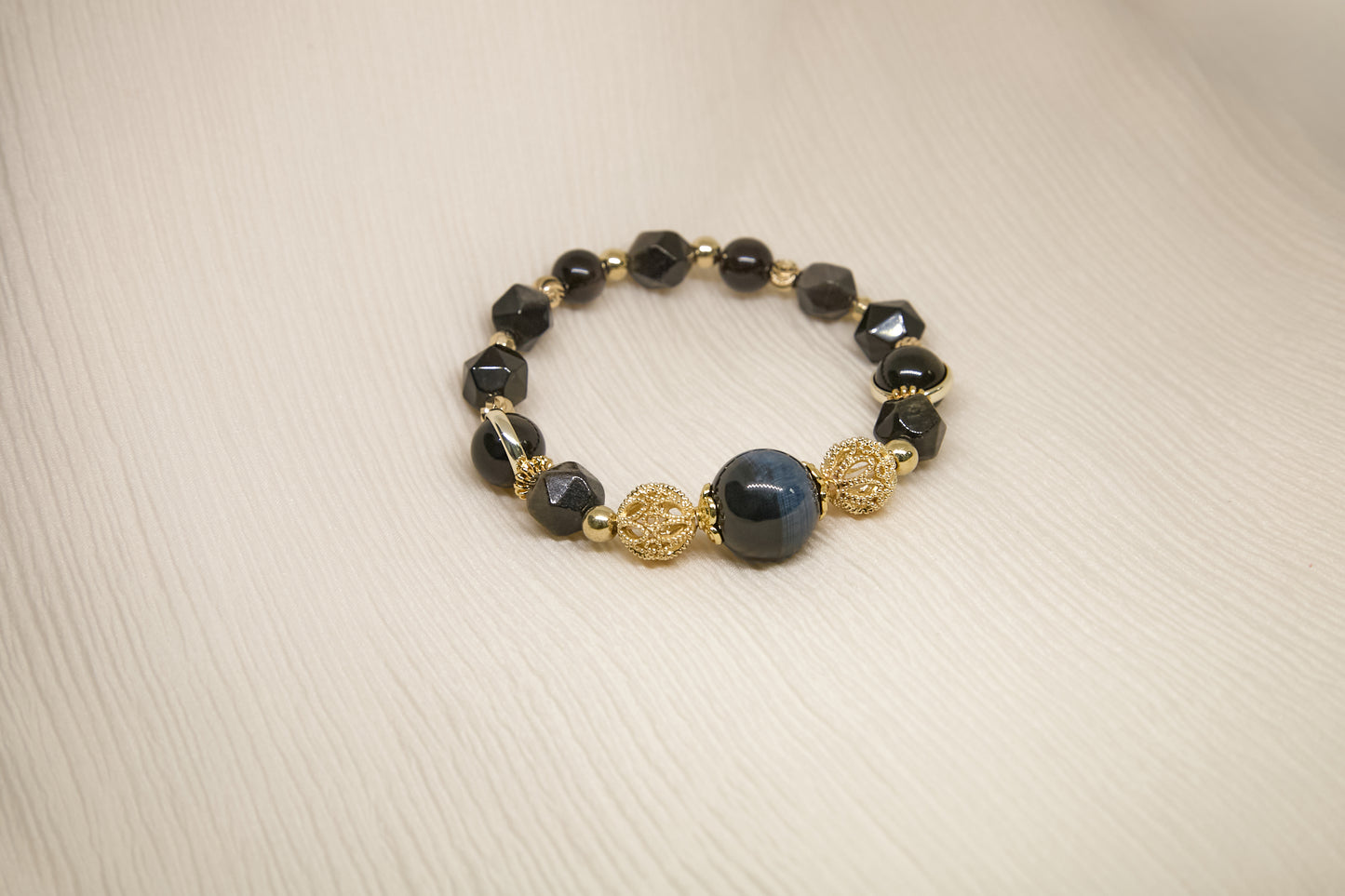 C008-Lightning Blue Tiger Eye Stone. Silver Obsidian. Gold Obsidian