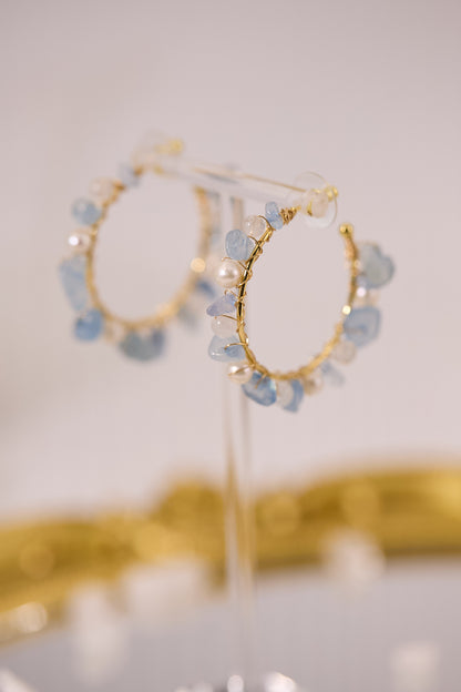 E073-海藍寶．藍月亮．淡水珍珠圈圈耳環