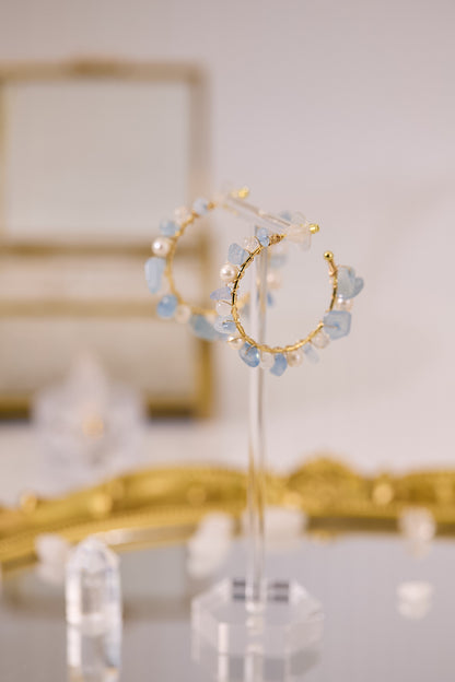 E073-海藍寶．藍月亮．淡水珍珠圈圈耳環