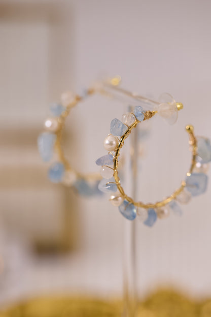 E073-海藍寶．藍月亮．淡水珍珠圈圈耳環