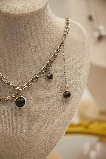 N004-Black Obsidian. Silver Obsidian Magnetic Necklace