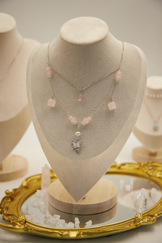 N009-Pink quartz double-layer magnetic necklace
