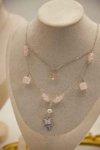 N009-Pink quartz double-layer magnetic necklace
