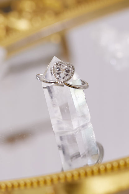 R039-White crystal heart-shaped open ring