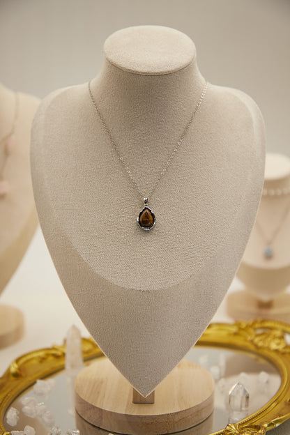 N012-Tiger Eye Stone Pendant with Magnetic Necklace (Silver)