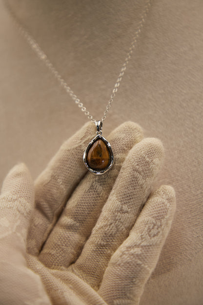 N012-Tiger Eye Stone Pendant with Magnetic Necklace (Silver)