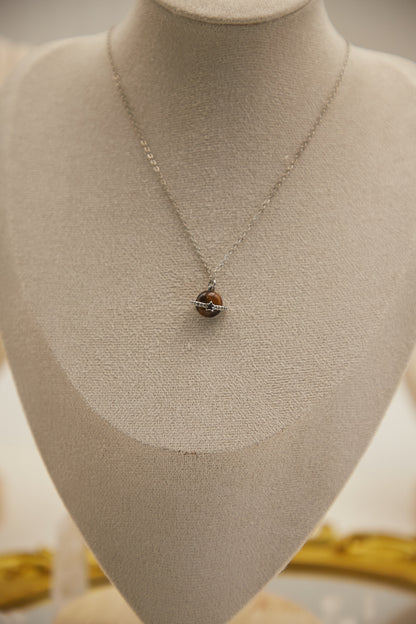 N017-Tiger Eye Stone Planet Pendant with Magnetic Necklace (Silver)