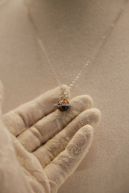 N017-Tiger Eye Stone Planet Pendant with Magnetic Necklace (Silver)