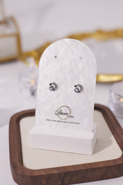 E028-Gray Moonlight Star-Moon Earrings