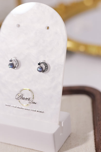 E028-Gray Moonlight Star-Moon Earrings