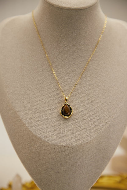 N020-Tiger Eye Stone Pendant with Magnetic Necklace (Gold)