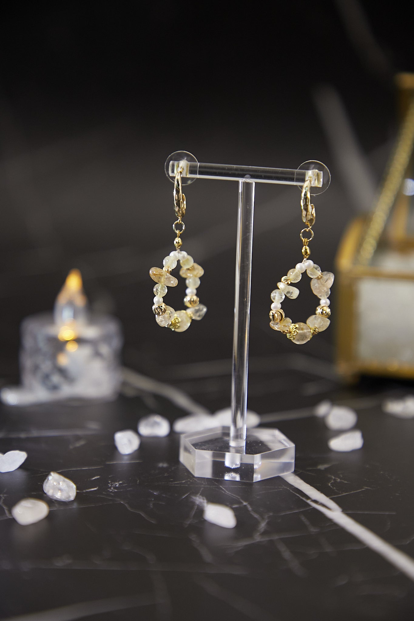 E003-Golden Quartz Hoop Earrings