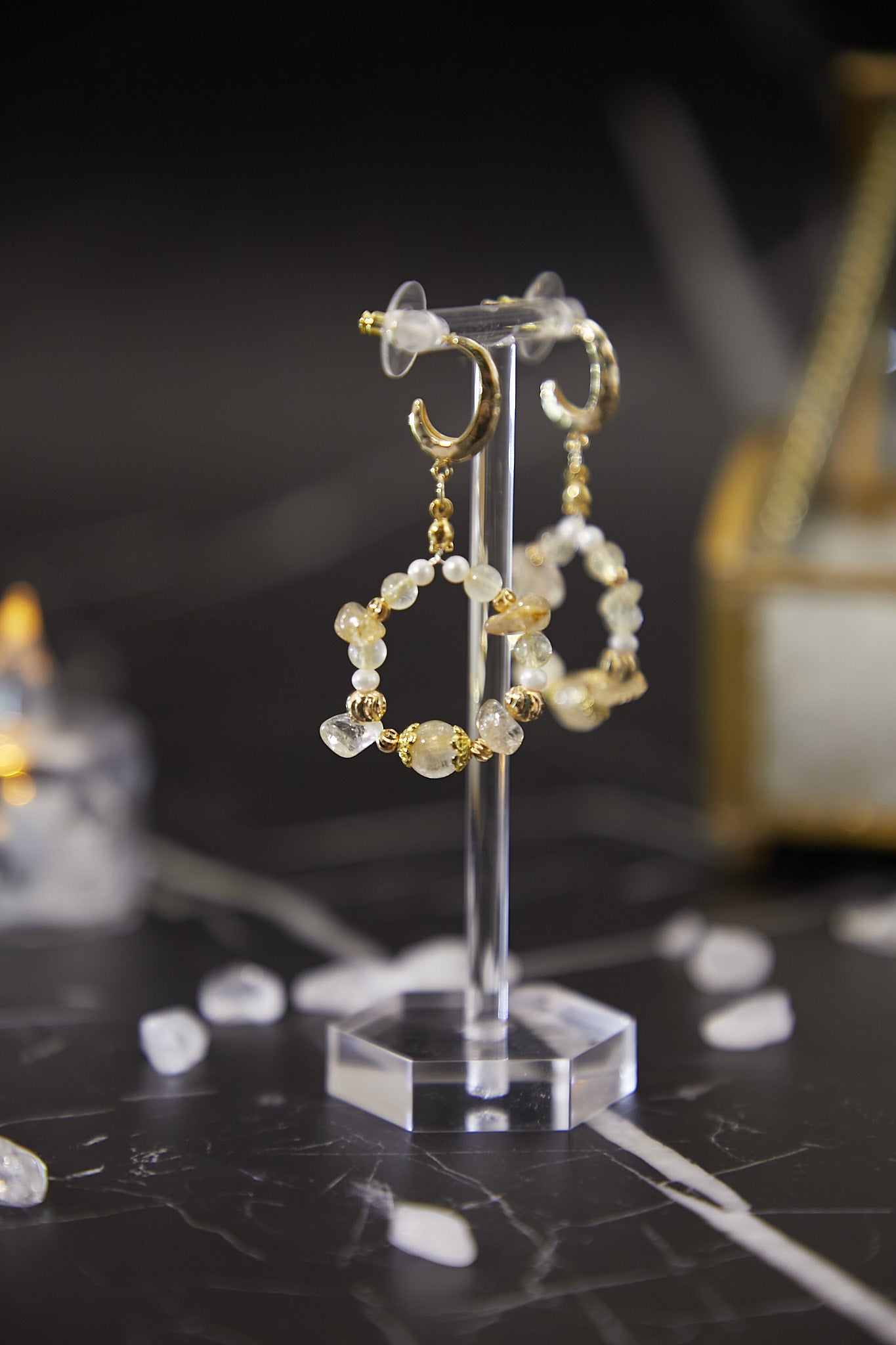 E003-Golden Quartz Hoop Earrings