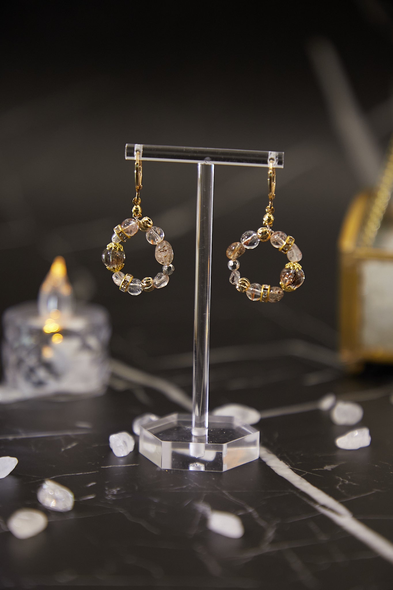 E004-Black gold super seven circle earrings