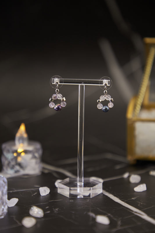 E005-Purple Super Seven. Black-dyed Baroque Pearl Small Hoop Earrings