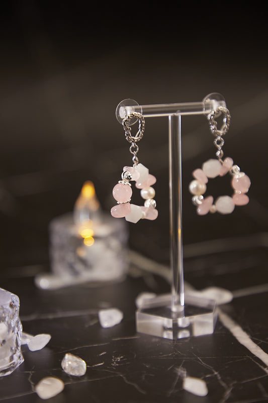E007-Pink Quartz．Freshwater Pearl Hoop Earrings