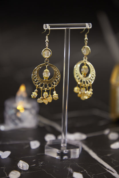 E008-Golden Rutilated Quartz Bohemian Earrings