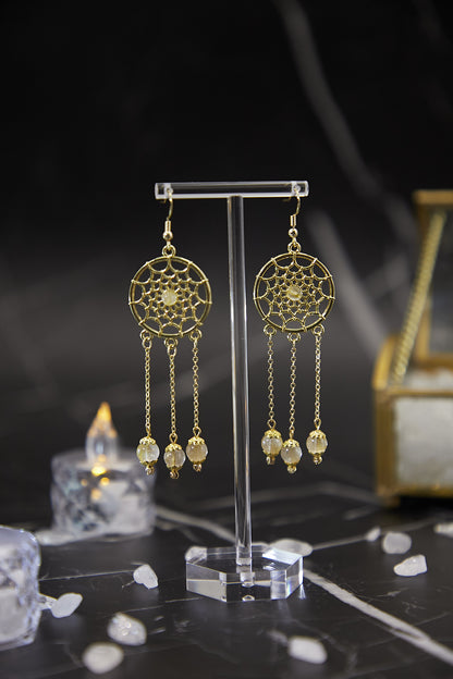 E009-Golden Rutilated Quartz Chain Bohemian Earrings