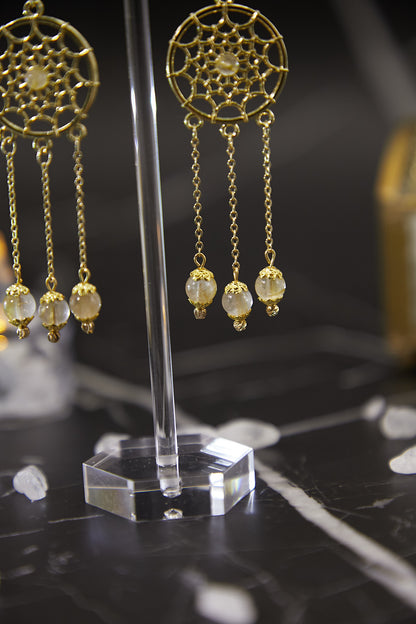 E009-Golden Rutilated Quartz Chain Bohemian Earrings